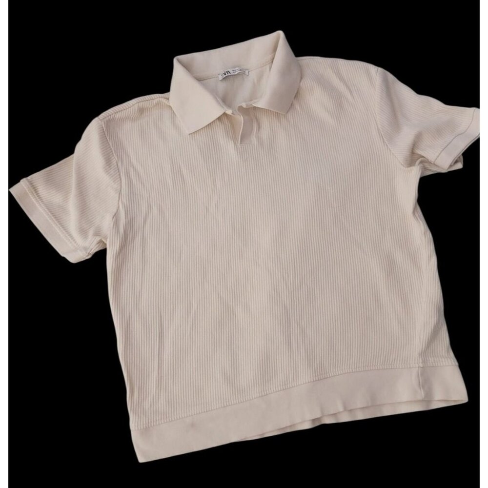 Zara Ribbed Short Sleeve Polo Shirt Beige M